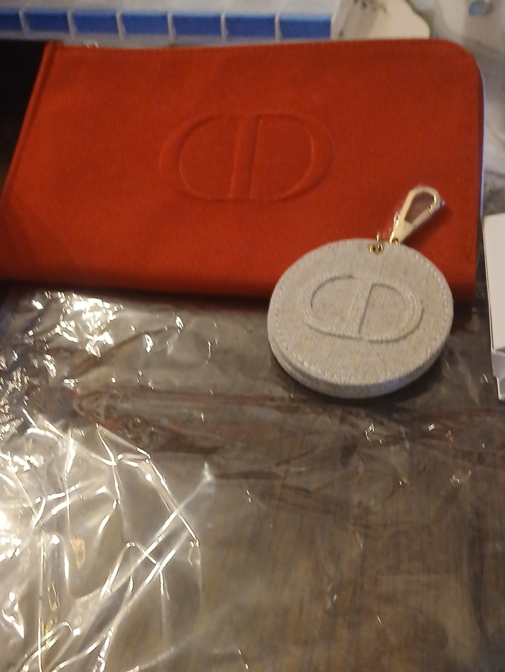 Dior Red Leather Zip Pouch with Mirror Round Keychain - Womens Accessories